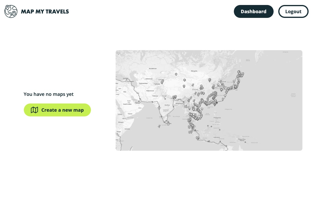Empty dashboard in the Map My Travels app