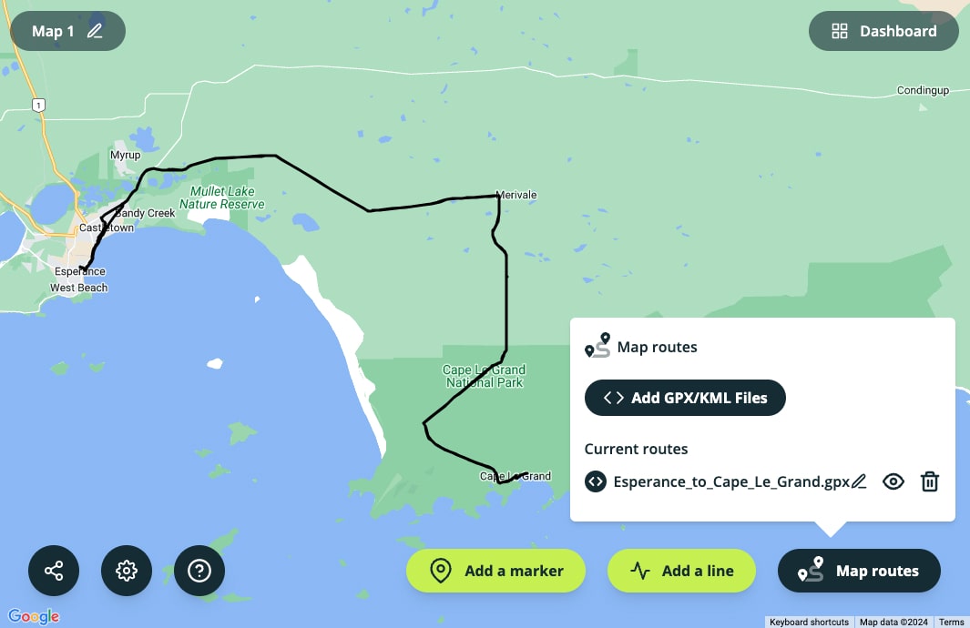 GPS route on a travel map in Map My Travels