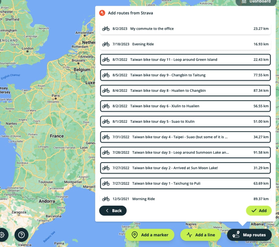 Map route window with a list of Strava activities