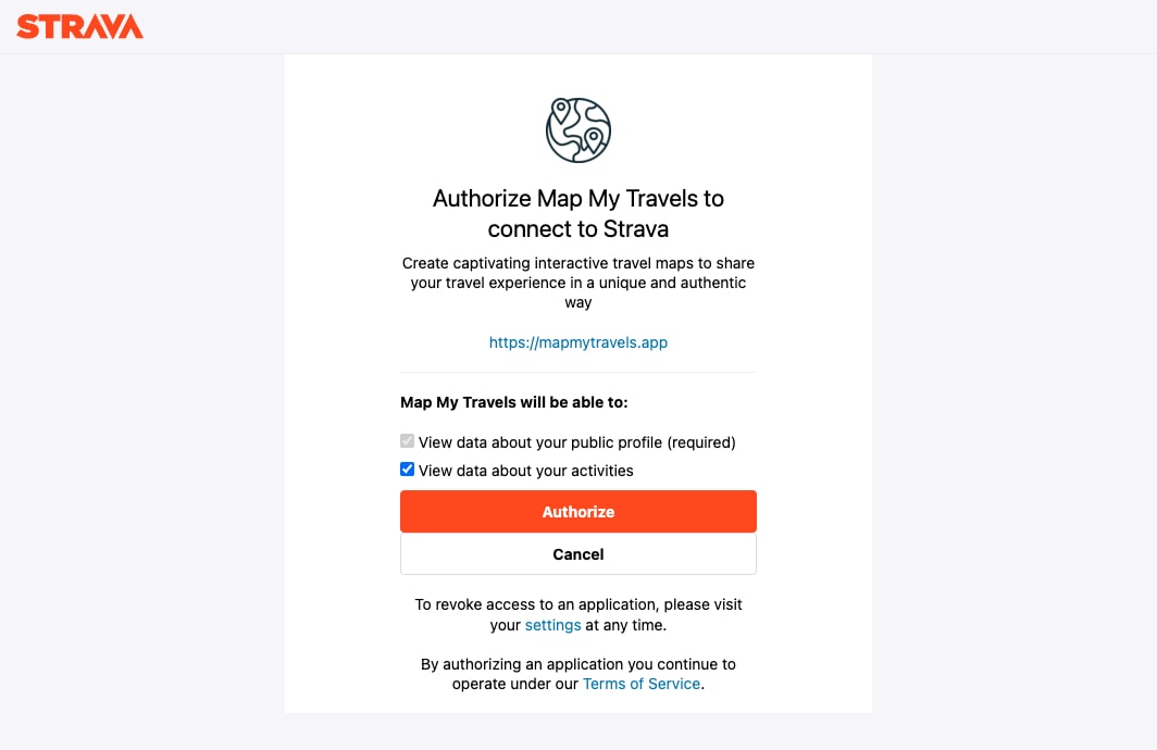 Authorize Map My Travels to read Strava information