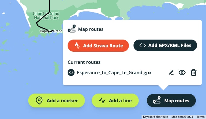 Map routes window with 'Add Strava Route' button