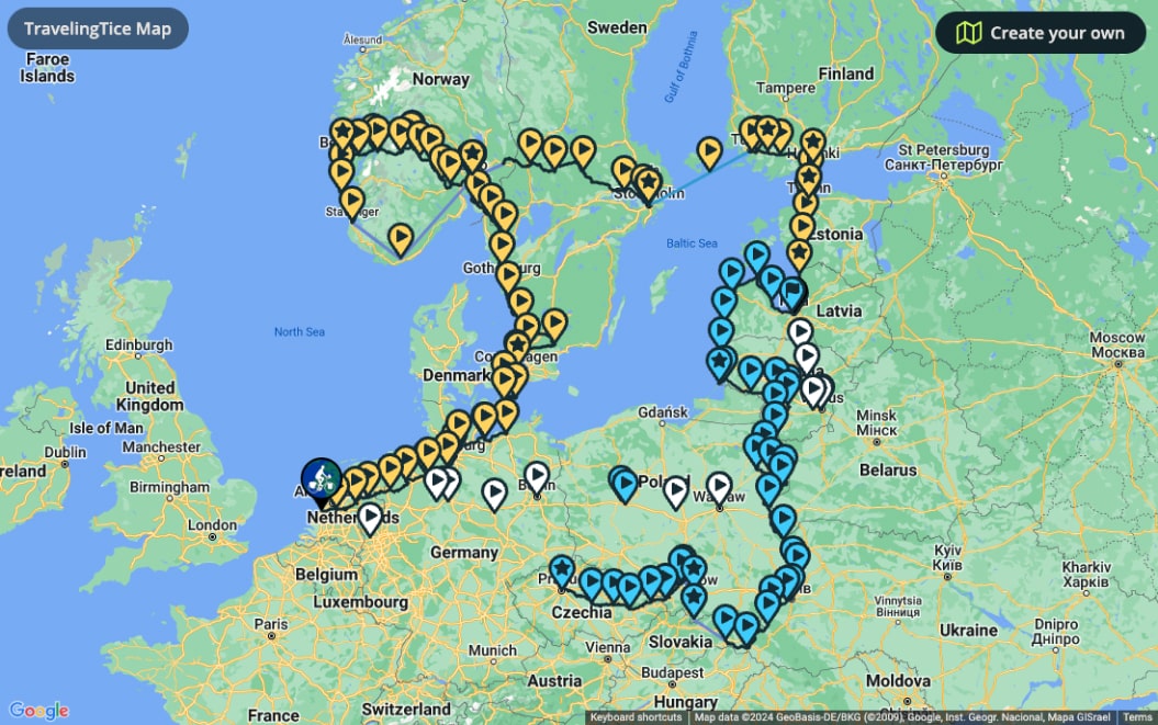 Travel map of TravelingTice's bicycle tour through Europe in 2018