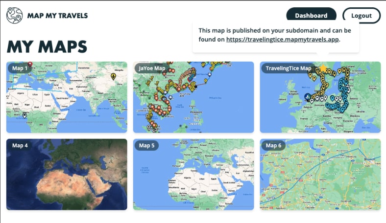 Map creator dashboard with map on subdomain highlighted